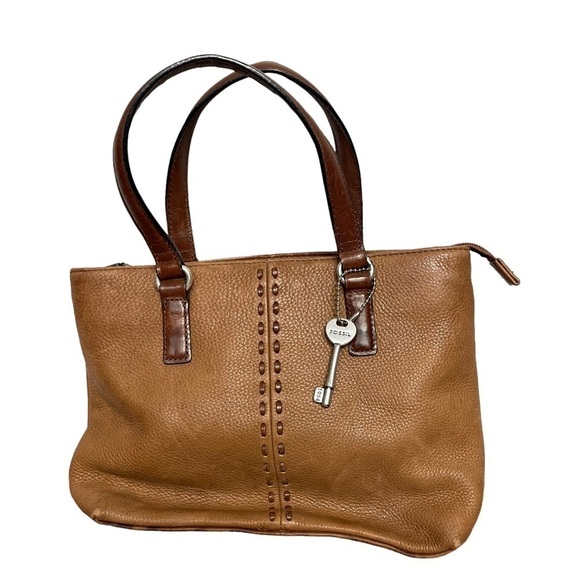 Fossil Tan Pebbled Leather Satchel, Contrast Lacing, 11 inches - Picture 1 of 9
